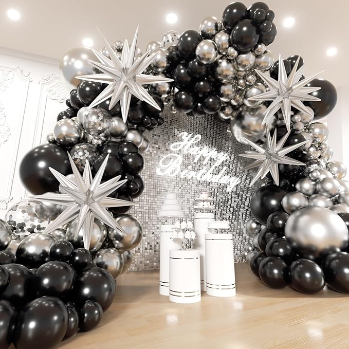 Black and Silver Balloons Garland Arch Kit with Stars 200Pcs - 5 10 12 18 22 inch Balloon and Confetti Balloons for 2025 Graduation New Year Anniversary Birthday Disco Theme Party Decorations