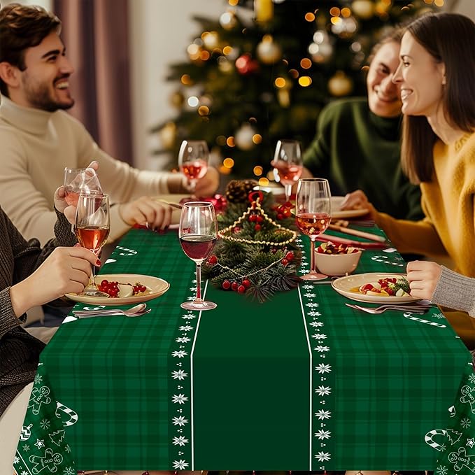 Childom 2 Pack Christmas Tablecloth Disposable,Christmas Decorations,54 x 108 Inch,Plastic Tablecloths for Rectangle Tables,Green Themed Checkered Table Covers for Xmas,Indoor,Outdoor,Birthday,Parties