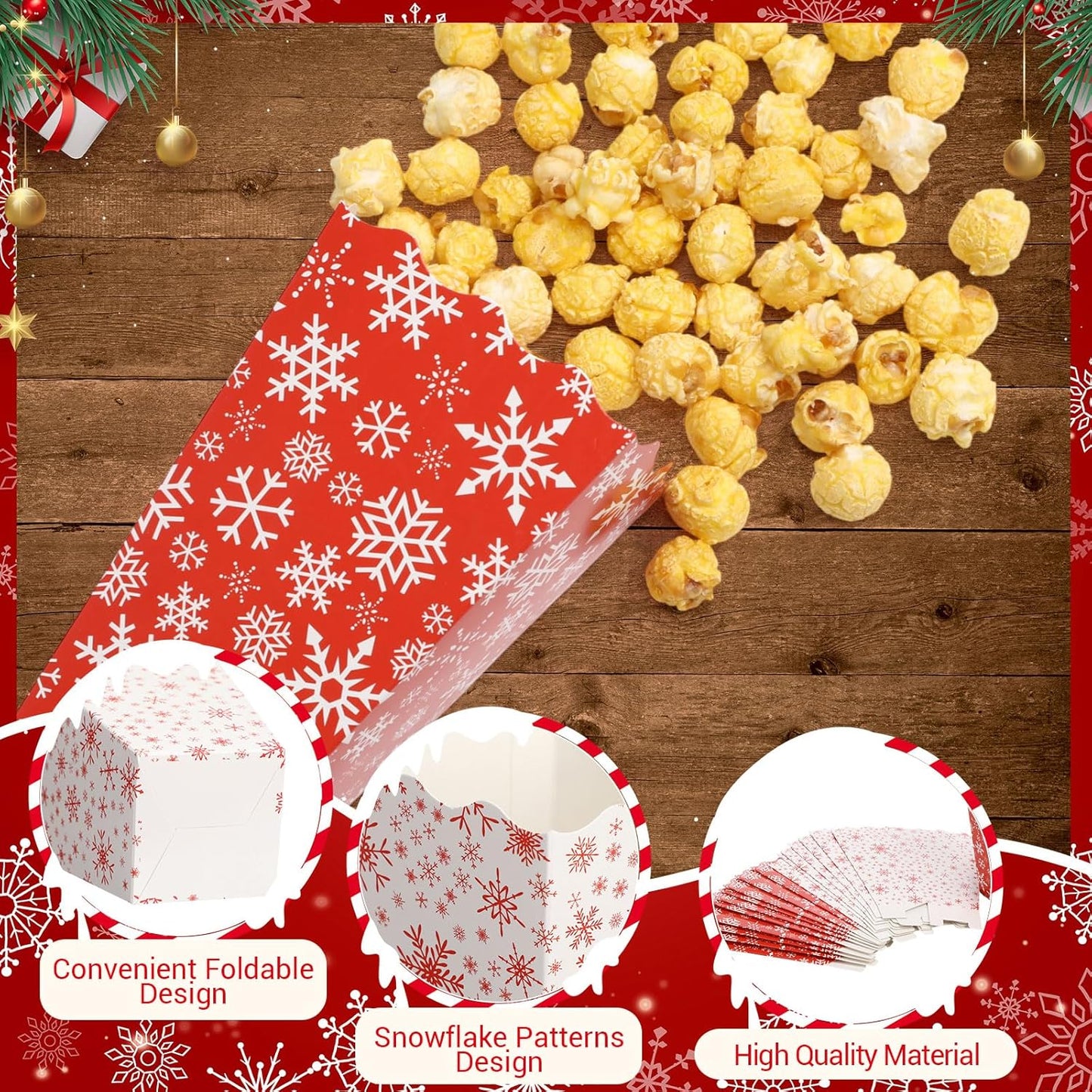 Tenceur 100 Pcs Christmas Snowflake Boxes Red Gingerbread Snowflake Boxes Christmas Paper Snow House Buckets Snack Containers Holiday Case for Xmas Party Gingerbread House Party Favors Supplies