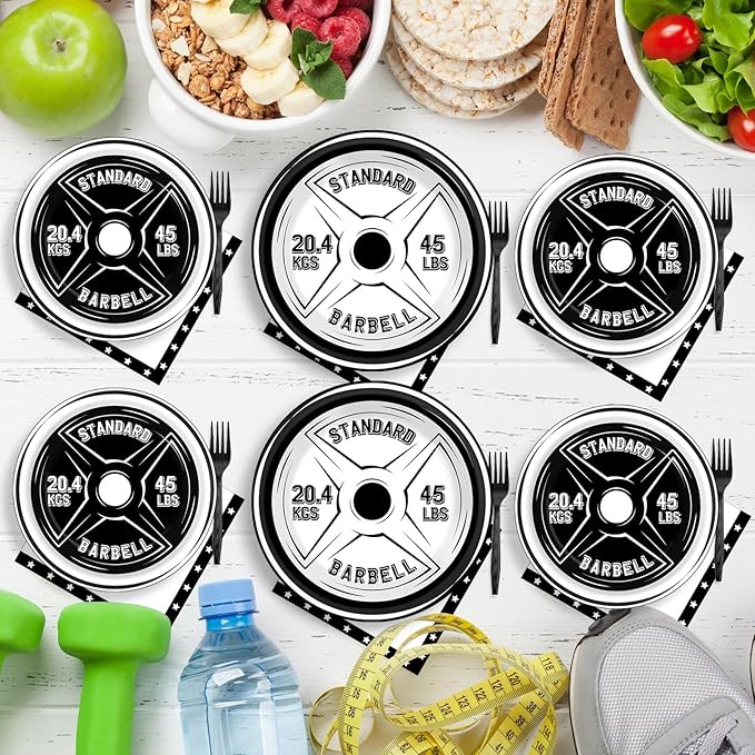 OBUSATT 96 Pcs Gym Birthday Party Supplies Bodybuilder Theme Paper Plates Weightlifting Party Plates and Napkins Forks Barbell Birthday Decorations for Gym Lovers and Weight Lifters Serves 24