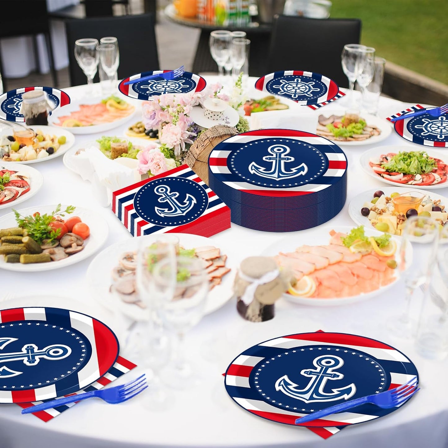 50 Guests Nautical Anchor Party Supplies Anchor Theme Plates Napkins Sailor Boat Ship Party Decorations Nautical Disposable Paper Tableware Set for Baby Shower Birthday Party Boys Girls Kids 200PCS
