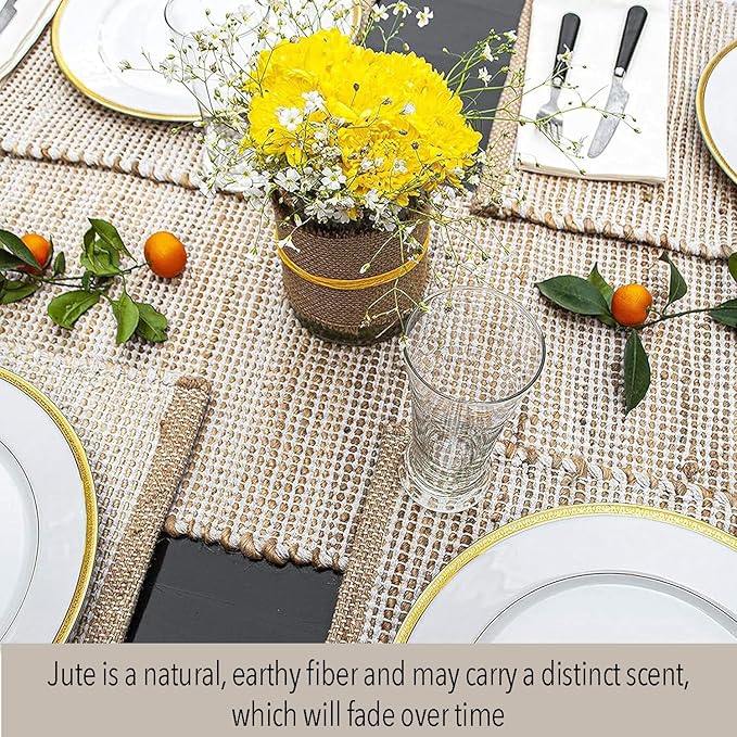 Chardin home Natural Jute Table Runner 13x48 Inch – Vintage Boho Rustic Table Decor – Handwoven Table Runner in Natural Jute and Ivory – Farmhouse Dining or Console Table Accent