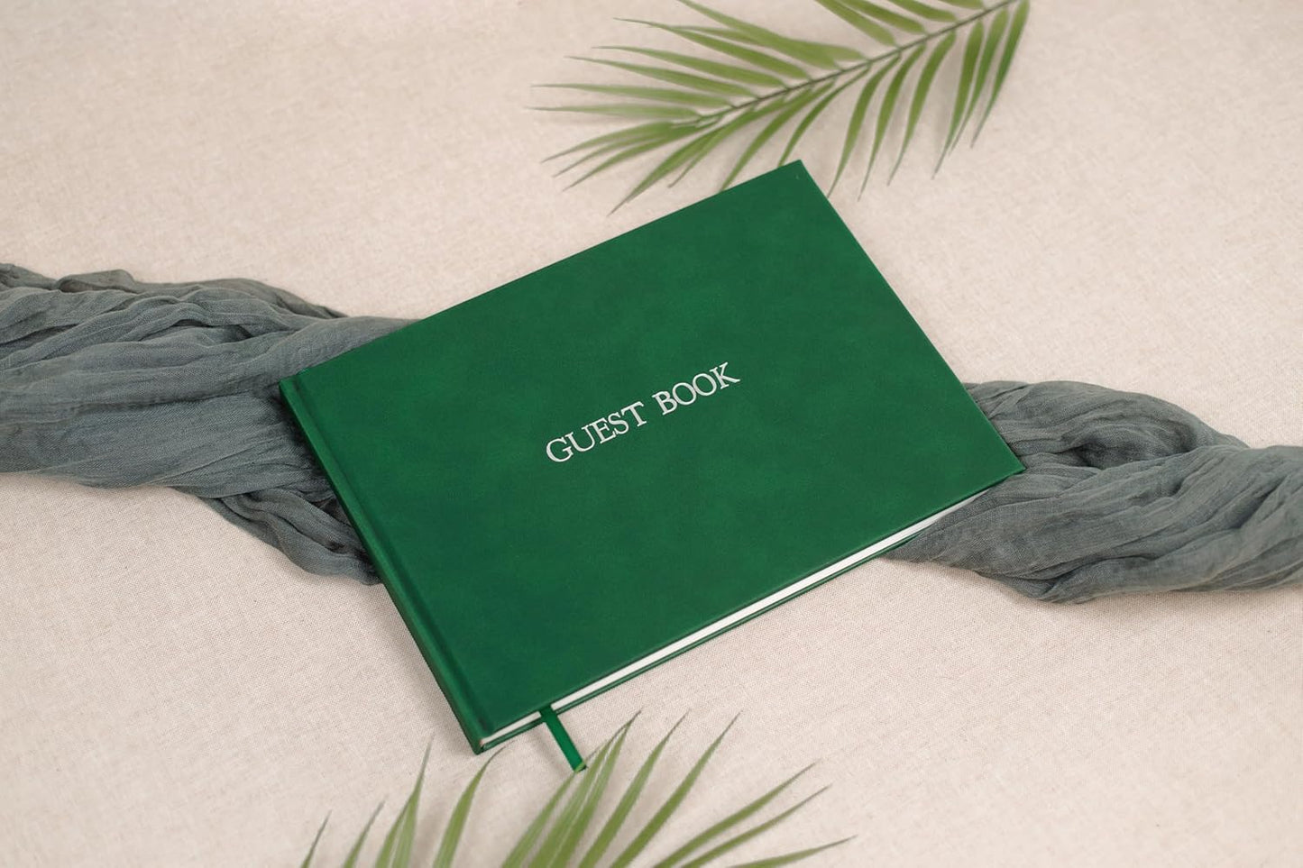 Embossed Guestbook - 11.5 x 8.5 Large Luxury Modern Cream Canvas Linen Embossed Hard Cover Guest Book for Wedding, Birthday & Events, Blank Pages (Emerald)
