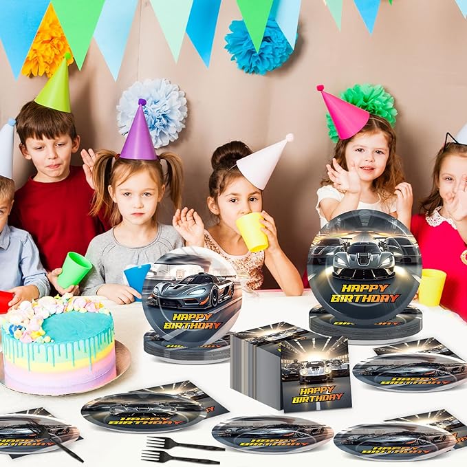 96PCS Race Car Party Paper Plates and Napkins and Forks Set for Hot Car Theme Wheel Racing Party Paper Plates Disposable Decor Race Track Parties Set for Kids Birthday Gatherings Decorations