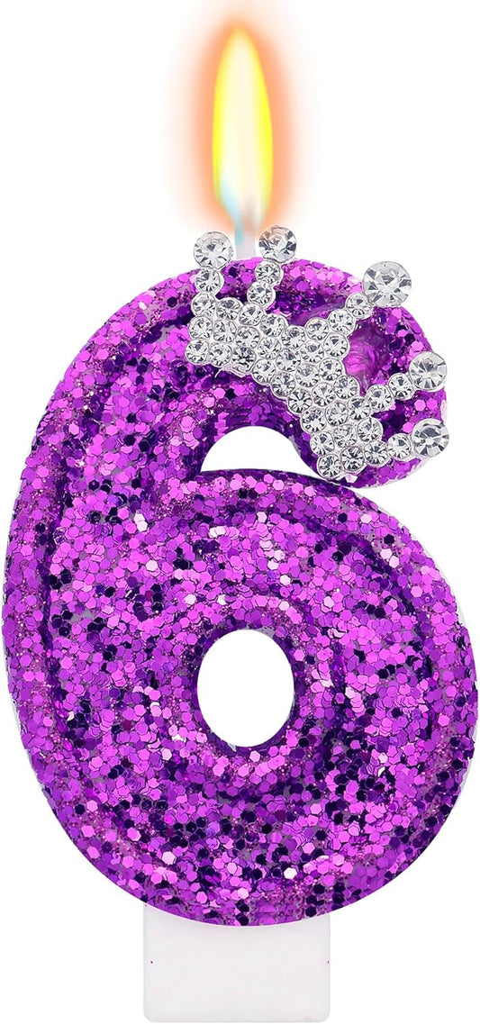 Purple Birthday Candle for Cake, Crown Purple Number Candles, 2.76 inch Cake Topper Decoration for Princess Birthday Party (Number 6)