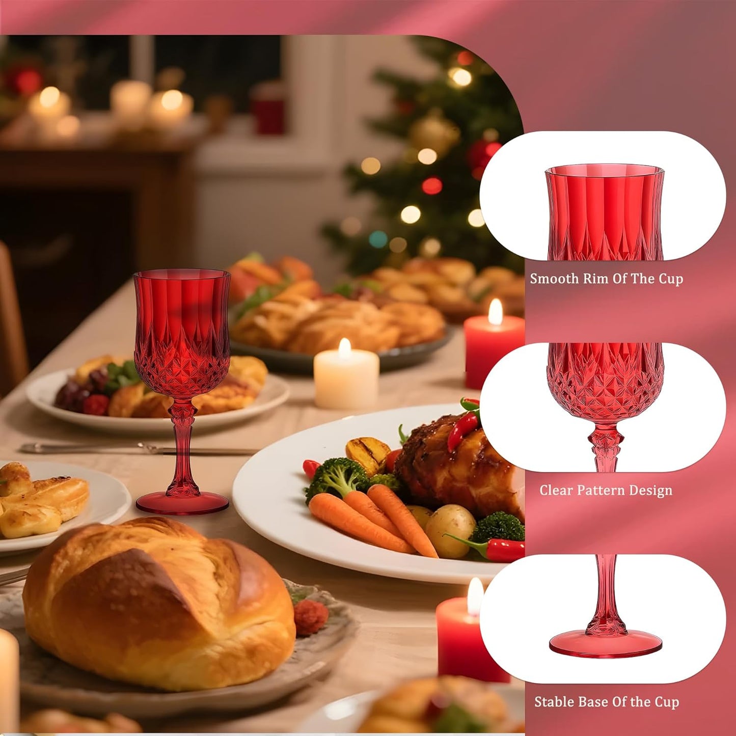 12PCS 7OZ Dark Red Wine Plastic Glasses Drinking Champagne Glasses Flutes Crystal Vintage Water Unbreakable Goblets for Christmas, Wedding, Parties