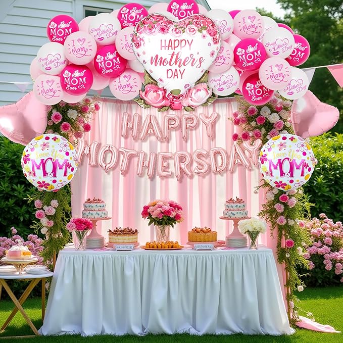 Happy Mothers Day Balloons Kit with Rose Gold Pink Heart and Letter Balloons for Mother's Day Mom Birthday Party Decorations