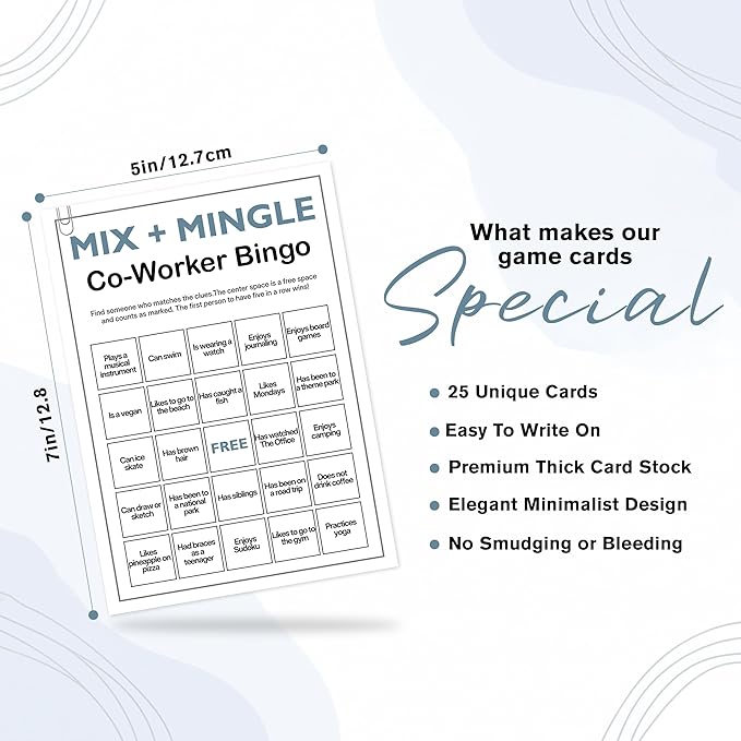 Sahjzk Office Bingo Cards, 25 Unique Randomized 5x7 Sheets, Get to Know You Bingo Game for Adults, Ice Breaker Office Party Games, Team Building Games for Work, High Replay Value - B002