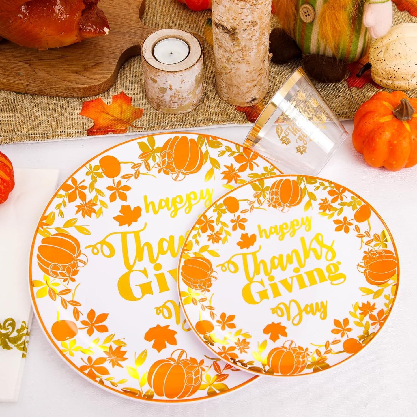 Supernal 175pcs Thanksgiving Plastic Dinnerware Set,Disposable Plates with Gold Plastic Silverware and Cups,Pumpkin and Maple Leaf Design for Thanksgiving Day Party