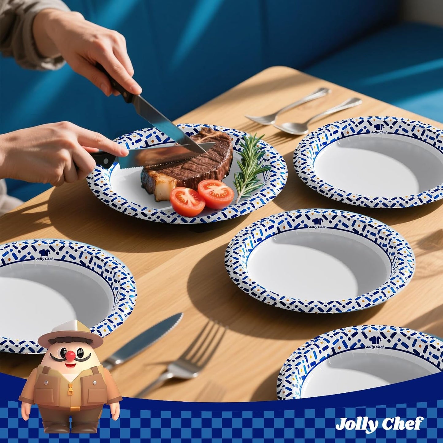 JOLLY CHEF 300 Count 8.5 Inch Paper Plates, Soak-Proof, Cut Proof, Disposable Heavy Duty Plates for Everyday Use, Picnic, Family Gatherings, Parties
