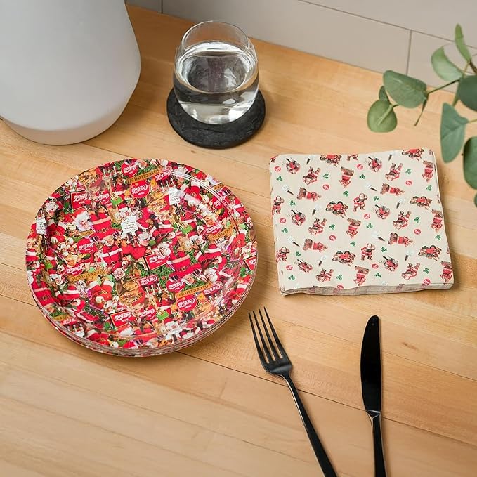 Silver Buffalo Coca-Cola Vintage Santa Christmas Collage 32 Pack Partyware Disposable Paper Plates and Napkins