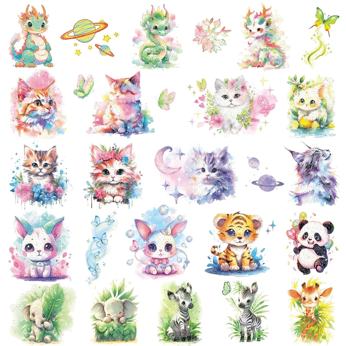 Glitter Animals Tattoos for Kids, 12 Sheets Glitter Dragon Cat Panda Tiger Elephant Panda Giraffe Temporary Tattoos for Kids Animals Themed Party Birthday Party Supplies Gifts Decoration