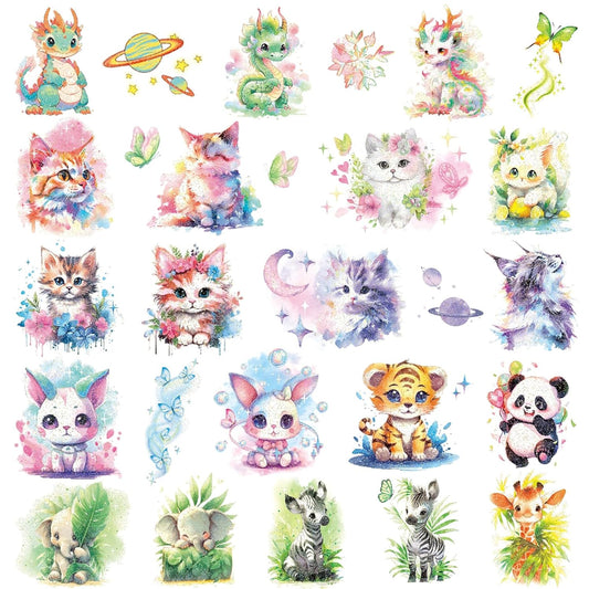 Glitter Animals Tattoos for Kids, 12 Sheets Glitter Dragon Cat Panda Tiger Elephant Panda Giraffe Temporary Tattoos for Kids Animals Themed Party Birthday Party Supplies Gifts Decoration
