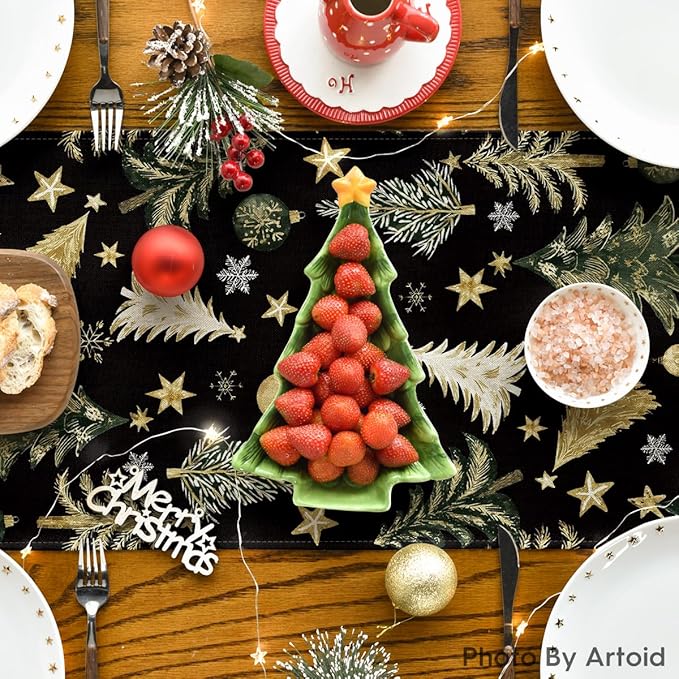Artoid Mode Gloden Pine Trees Snowflake 210 GSM Christmas Table Runner,Xmas Balls Winter Holiday Kitchen Dining Table Decoration for Home Party Decor 13x120 Inch