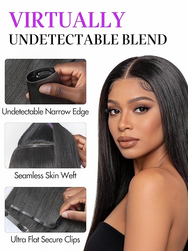 LUVME Yaki Straight Seamless 150g 7Pcs Clip in Hair Extensions, Full Volume with 26 Inch Natural Black, 100% Real Soft Remy Human Hair, Adds Fuller Hair for Daily Wear & Special Occasions
