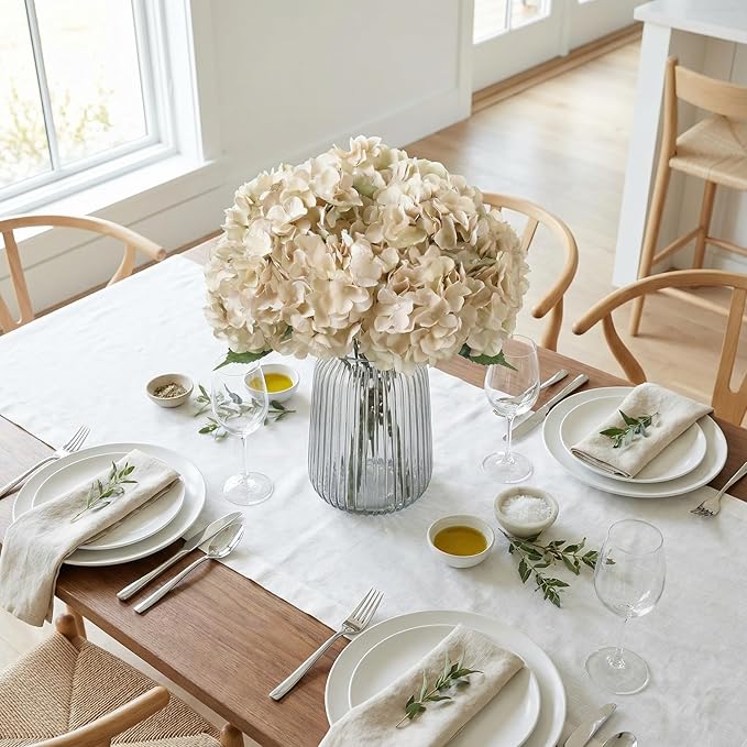 2Bouquets Artificial Fake Flowers Plants Silk Hydrangea Arrangements Wedding Bouquets Decorations Plastic Floral Home Kitchen Garden Party Festival Bar DIY (Ivory White, 5 Flower Heads)
