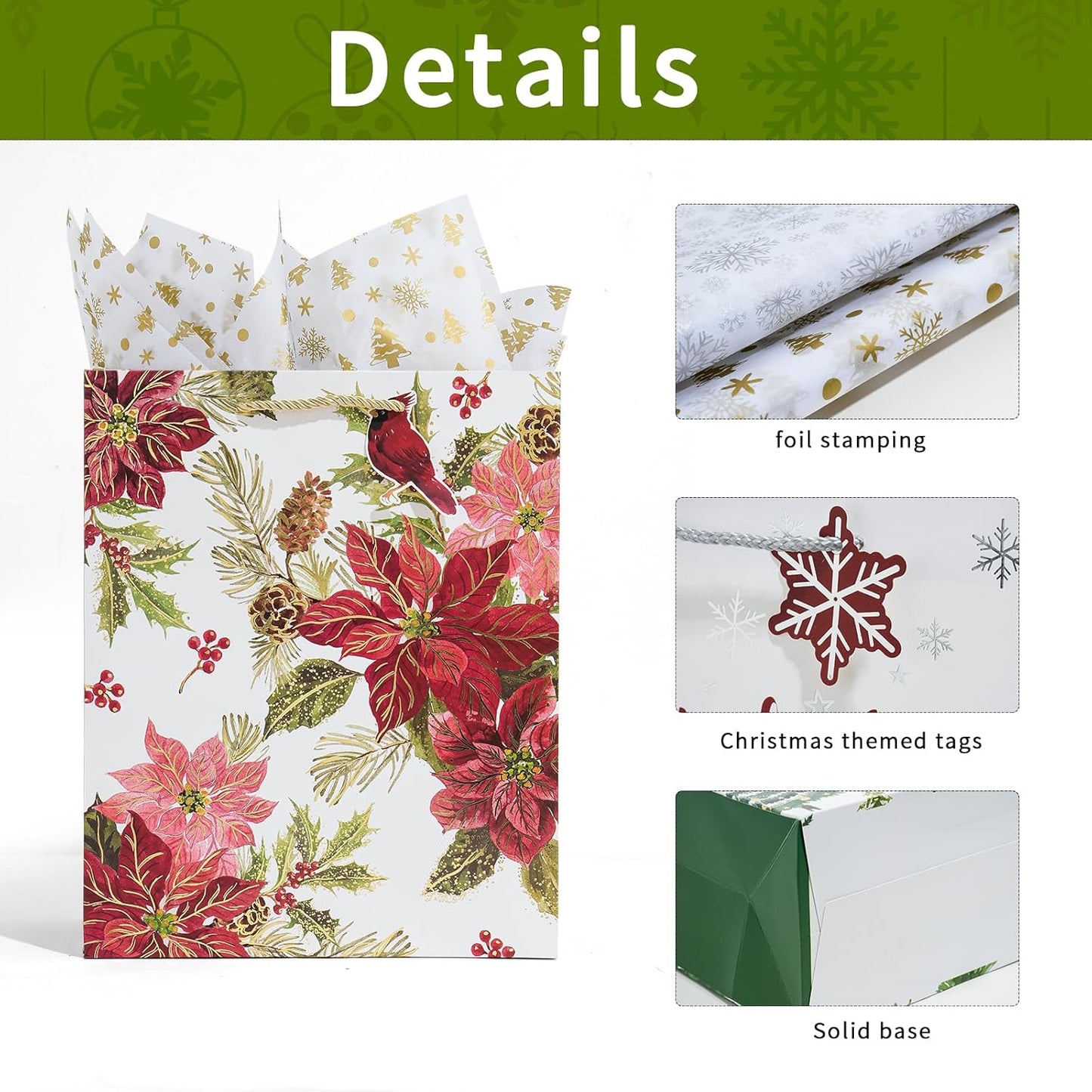 Enfoldia 4 Pack 12.5"Large Christmas Paper Gift Bags with Handles Tag Gold Silver Tissue Paper Holiday Goody Treat Bags Xmas Treat Gift Wrap Party Favor Supplies Winter Weddings Present Wrapping Bulk