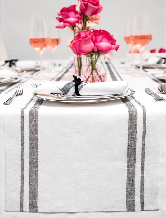 Solino Home Linen Table Runner 72 Inches Long - 100% Pure Linen Black and White French Stripe Table Runner 14 x 72 Inch for Dining, Dresser, Fall, Autumn, Halloween, Thanksgiving, Holiday