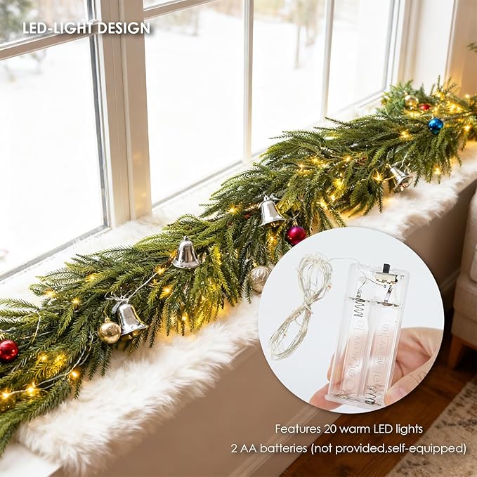6ft Artificial Norfolk Pine Garland with Lights, 2Pcs Christmas Greenery Garland for Mantel Fireplace Table Wall Stair Window Outdoor Indoor Christmas Decorations (2)
