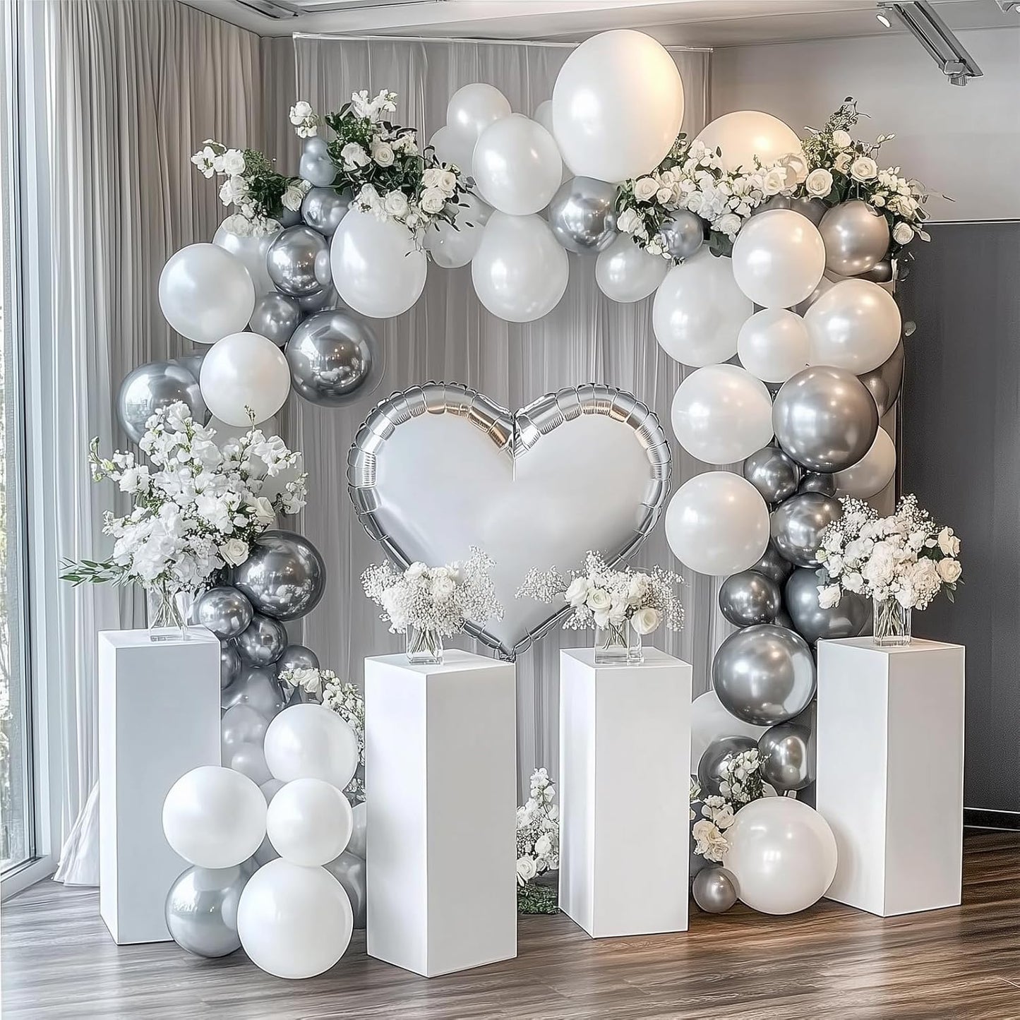 RUBFAC 92pcs Silver Balloons Different Sizes 5/10/12/18 Inch Metallic Silver Balloon Garland for Happy New Year Decorations Birthday Wedding Baby Shower Graduation Party Decorations