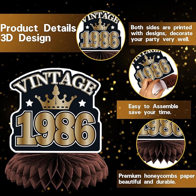 DARUNAXY 40th Birthday Party Decorations for Men Women, Vintage Back in 1986 Banner, Black 40 Number Balloons & Cake Topper, Vintage 1986 40 Birthday Honeycomb Hanging Swirl Confetti Balloons(30PC)