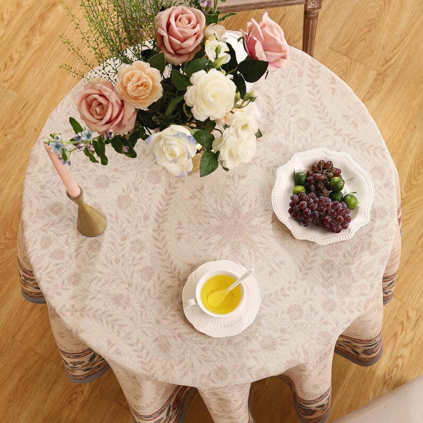 Designer Floral Linen Round Tablecloth,Vintage Indian Wrinkle Resistant Tablecloths,Decor Table Cover for Kitchen,Dining,Tea Party,Thanksgiving,Christmas,Diameter 67"-Flowershadow E
