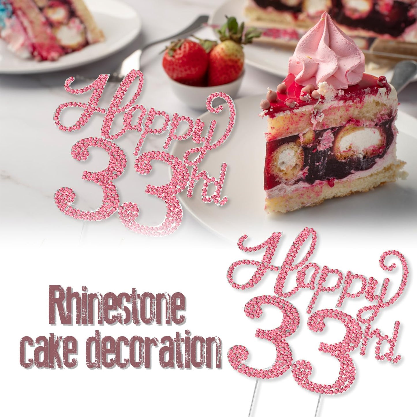 Happy 33rd Birthday Decorations,33rd Birthday Silver & Red Rhinestone Cake Topper - Cheers to 33 Years Old Bday Party Metal Sparkly Cake Centerpieces Sign.