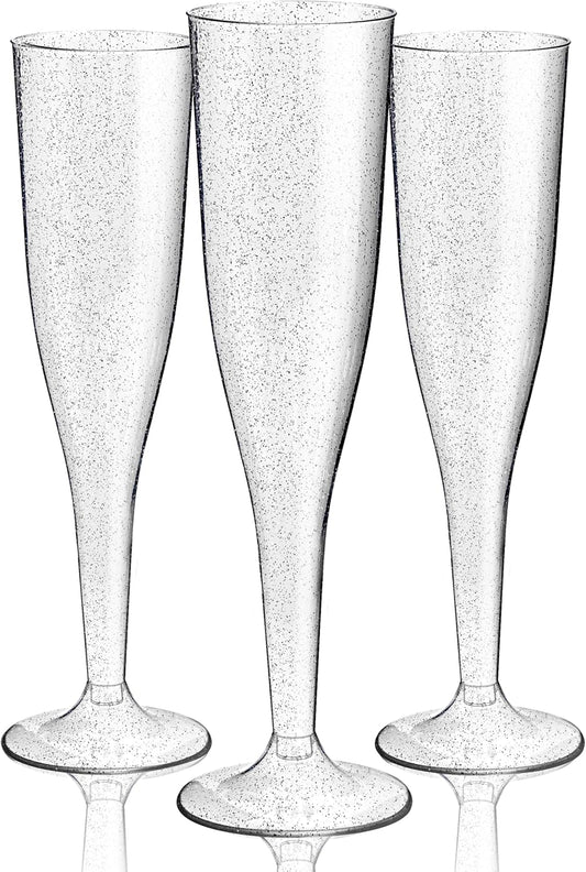 WDF 36 Pack Silver Glitter Plastic Champagne Flutes - 7OZ Disposable Silver Champagne Glasses for Christmas Party, Wedding, New Year