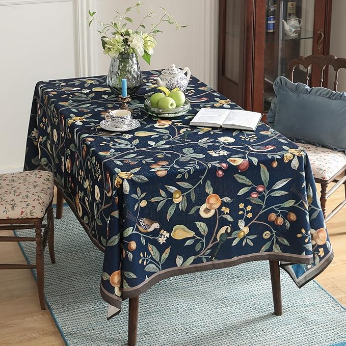 Linen Table Cloth Rectangle,Wrinkle Resistant French Blue Tablecloth Print with Froal,Decor Stitch Table Cloth for Thanksgiving,Dining Room,Home,Kitchen 63" × 87"-DeweyA Blue