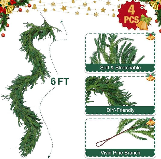 Hananona 4 Pcs 6 Ft Artificial Norfolk Pine Garlands, Realistic Pine Garland, Green Artificial Greenery Garland for Table, Mantle, Wall, Indoor, Outdoor Winter Christmas Decorations (4, 6 FT)