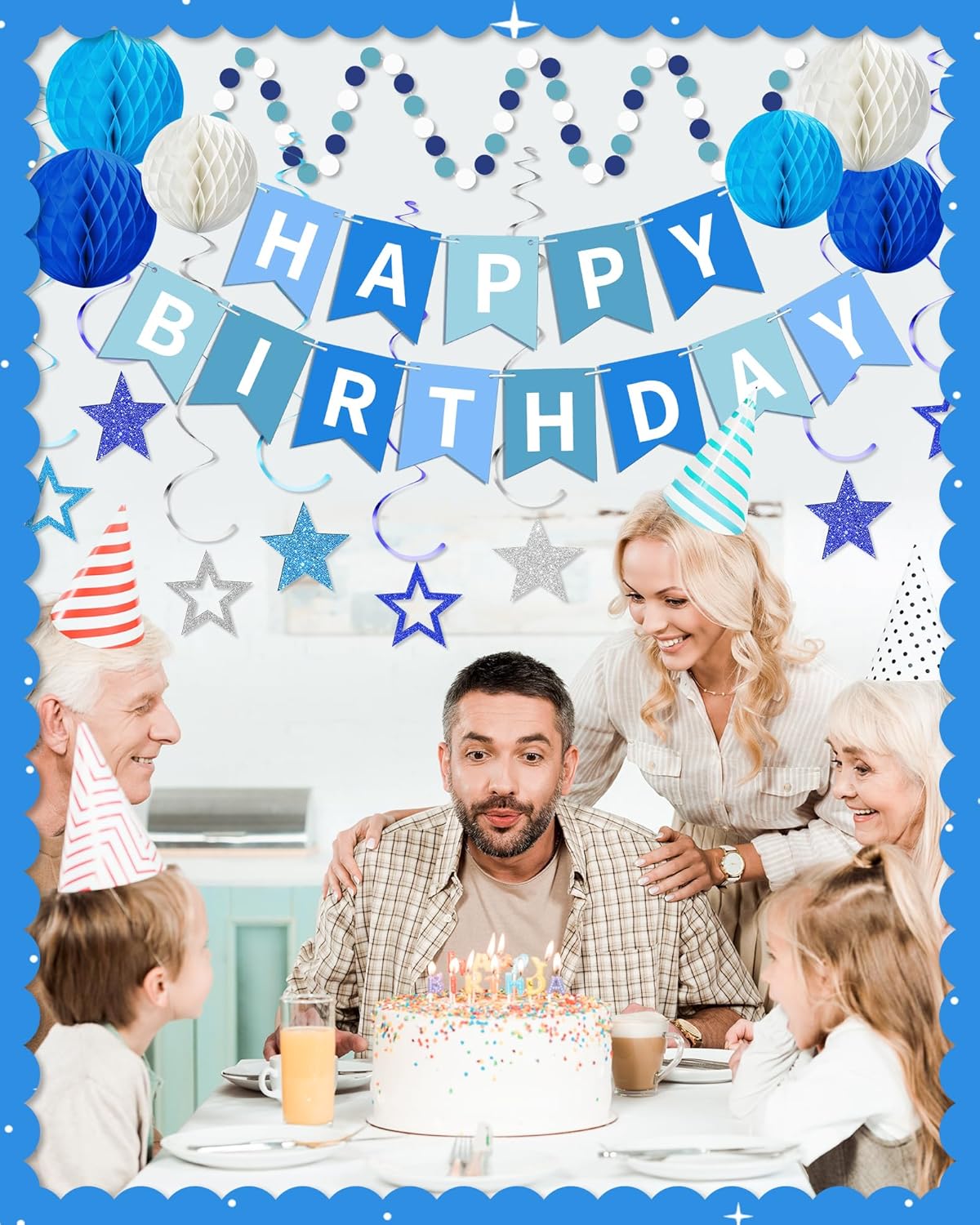 Blue Happy Birthday Decorations, Happy Birthday Banner with Honeycomb Balls, Stars Hanging Swirl Streamers, Dots Garland, Party Decorations for Men Boys Women Girls
