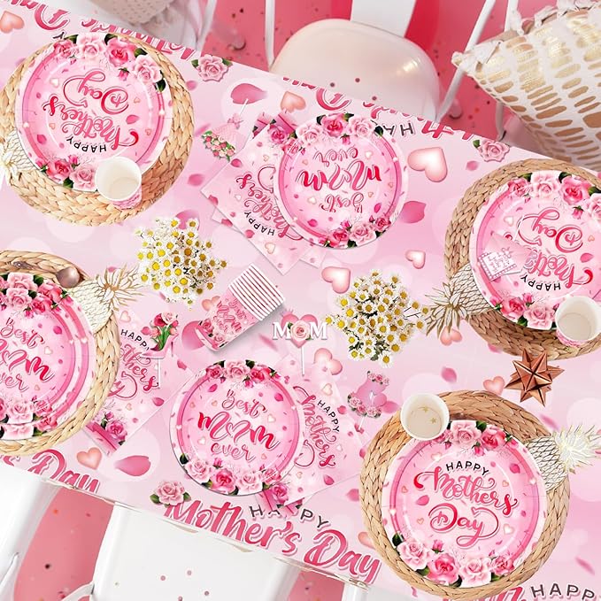 Mother's Day Plates and Napkins Set Pink Floral Happy Mothers Day Cake Topper Including Banner Cups Balloons for Best Mom Day Party Supplies