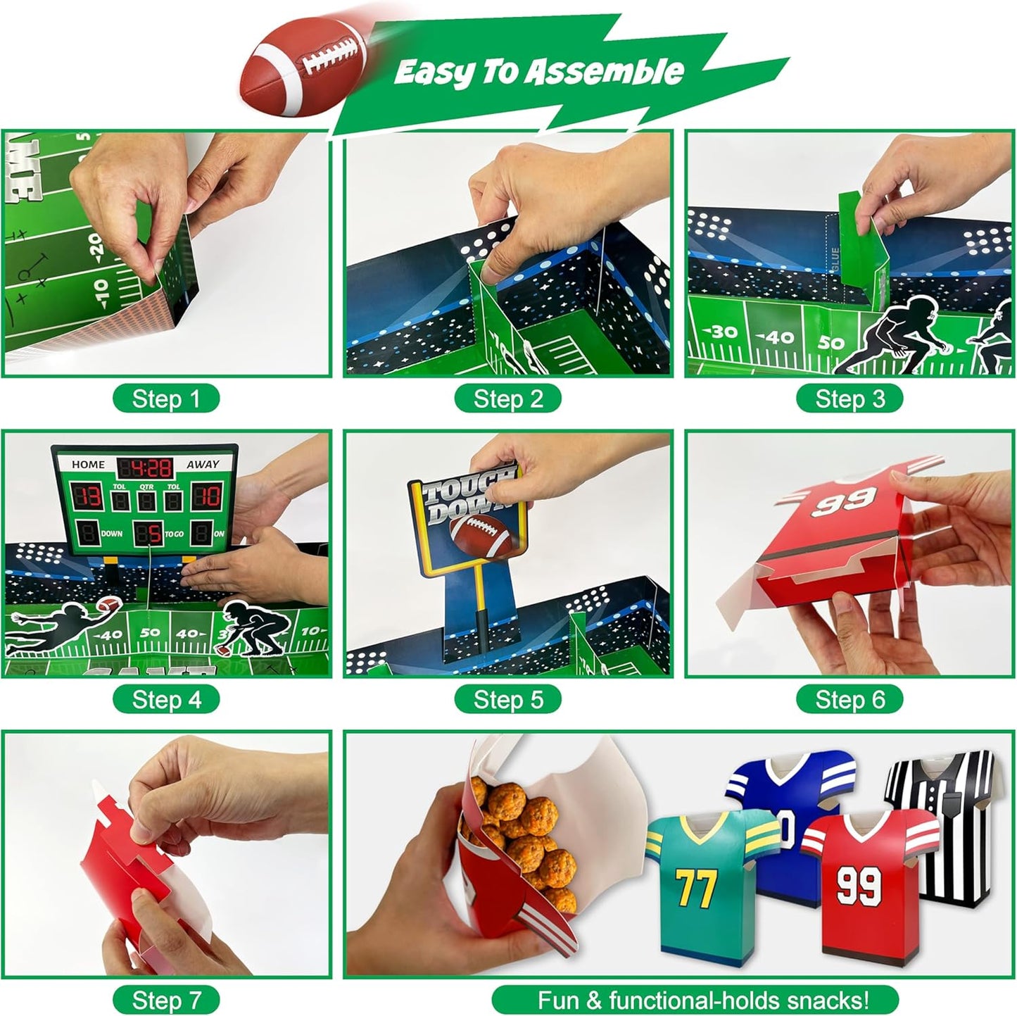49-Piece Football Stadium Food Tray Kit – Paper Snack Boxes, Confetti and Large Stadium Tray for Game Day, Tailgate, Superbowl and Sports Party Supplies