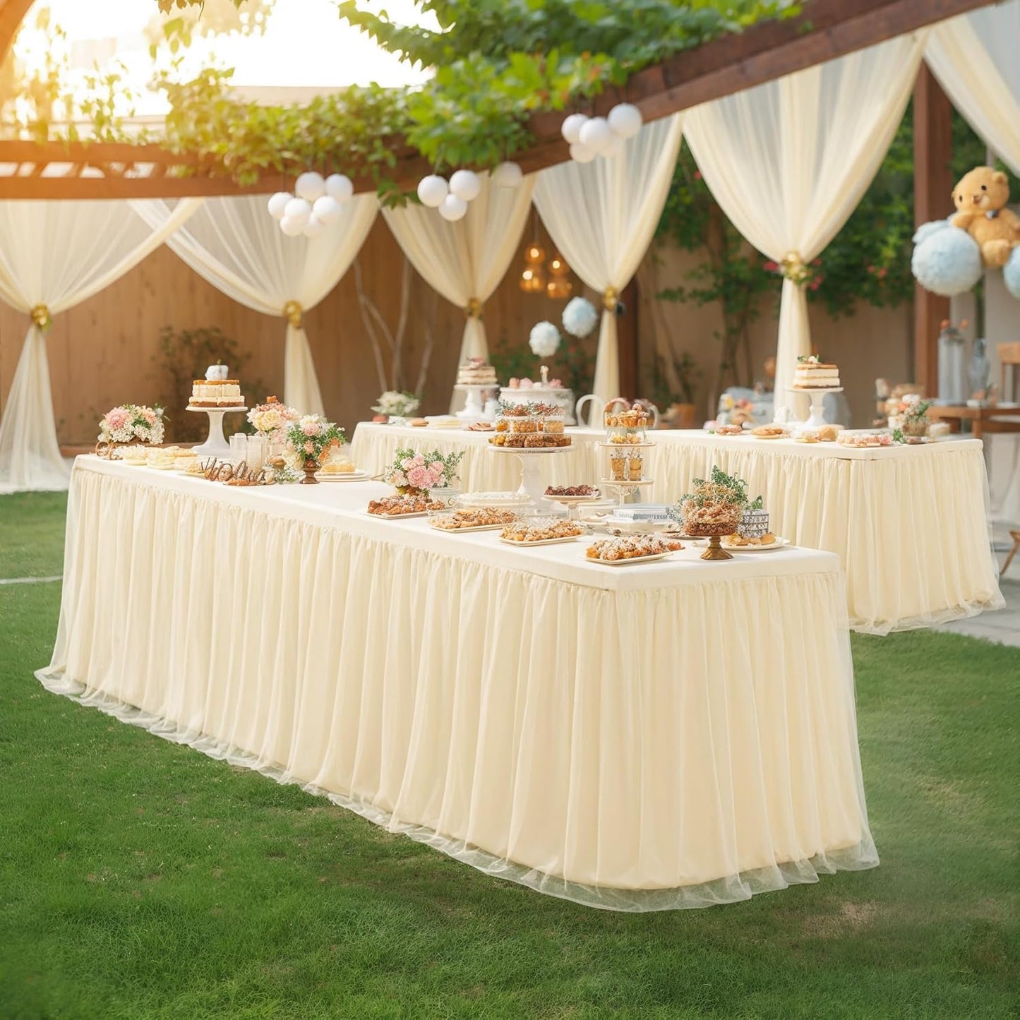 4 Pack 8ft Champagne Tulle Tablecloths for Rectangle Tables, 8 Foot Champagne Rectangular Table Cloth, Wrinkle Free Table Cover with Tutu Skirt for Wedding Birthday Party Banquet Buffet Bridal Shower