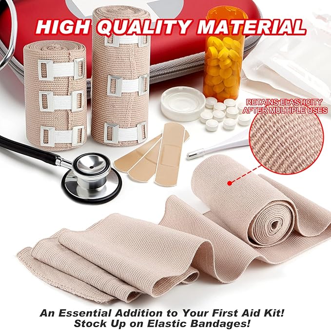 FRESINIDER Elastic Bandage Wrap 4 Pack(2 X 3 + 2 X 4 Wide Rolls) + 24 Clips | Stretch Compression Bandage Stretches up to 15ft | Ideal for Medical, Sports, Sprains, Calf, Ankle & Foot
