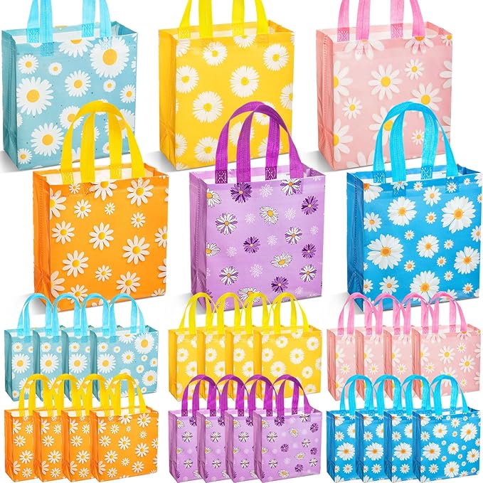 HunnmingRe 30 Pcs Daisy Flower Gifts Bags with Handles Daisy Party Favors Bag Bulk Summer Non Woven Reusable Goodies Treat Handbags for Birthday Wedding Baby Shower Party Supplies, 6 Style