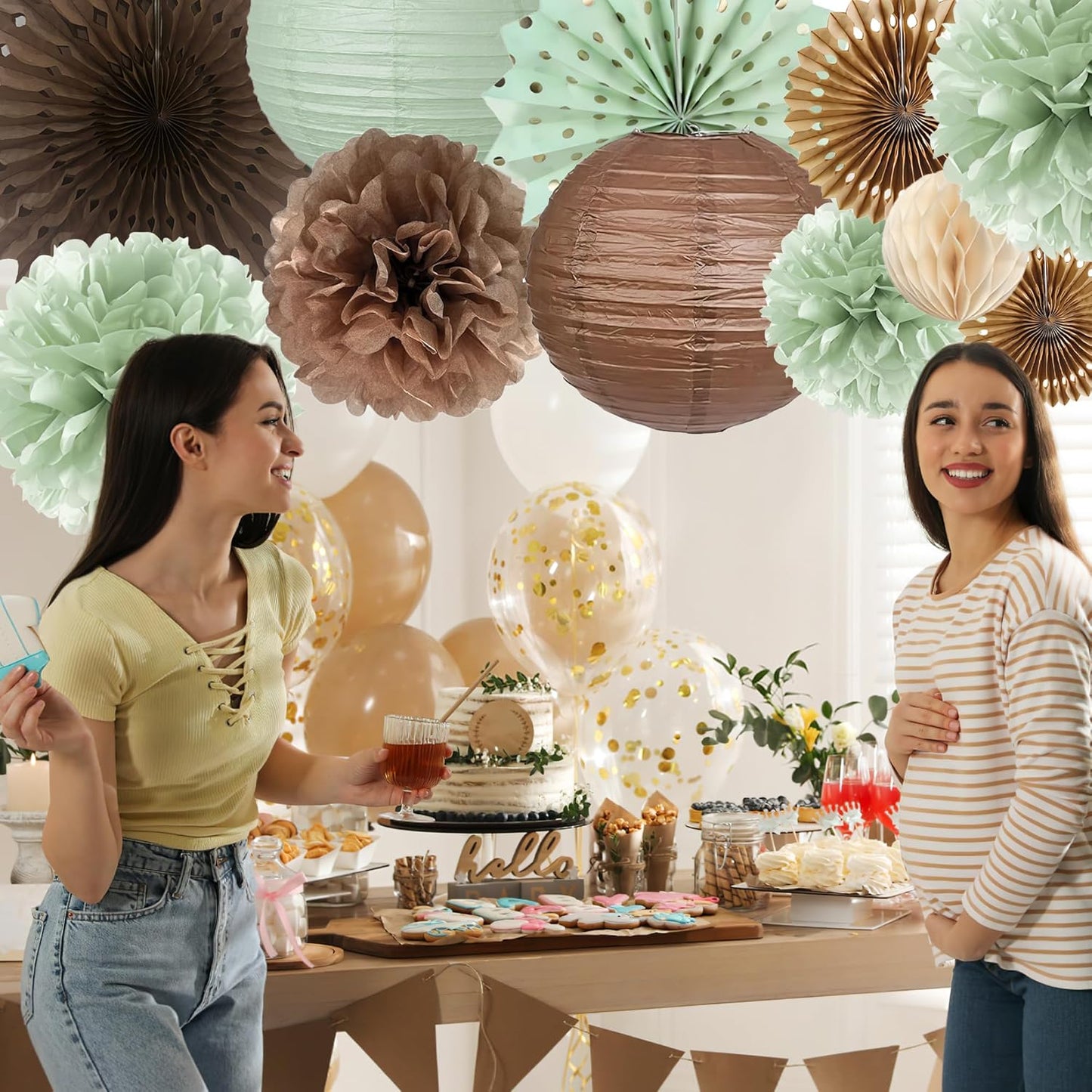 Sage Green and Brown Party Decorations Sage Green and Brown Paper Fans Paper Lanterns Pom Poms Flowers for Baby Shower Birthday Wedding Engagement Party