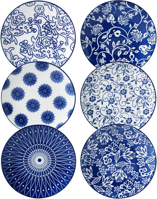 Ceramic Dessert Plates Set - 6 Inch Small Appetizer Plates for Kitchen - Salad Plate for Snacks Side Dish Cake, Gift, Microwave Dishwasher Safe, Vintage Blue