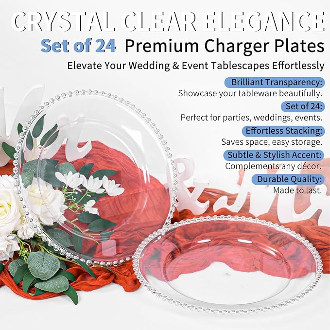 24 Pack Clear Charger Plates Bulk Wedding, 13 Inch Plastic Round Dinner Chargers with Silver Beaded Rim, Acrylic Round Decorative Plates for Wedding Party Home and Tabletop Decor (Silver)