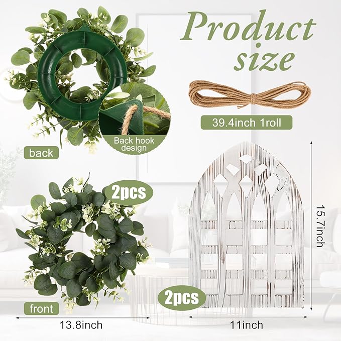 4 Sets 67 Pcs Farmhouse Wall Decor Set Rustic Window Frame Wall Decor with Eucalyptus Wreath and Metal Walls Planters Vintage Farmhouse Walls Art for Living Room Entryway(Arched Cathedral)