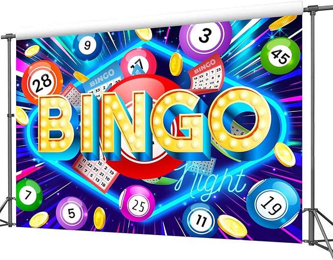 Homewelle Bingo Night Backdrop 7Wx5H Feet Polyester Fabric Snooker Game Time Cards Coins Contest Gaming Winning Ball Decoration for Adults Men Modern Cool Photography Background Photo Shoot Props
