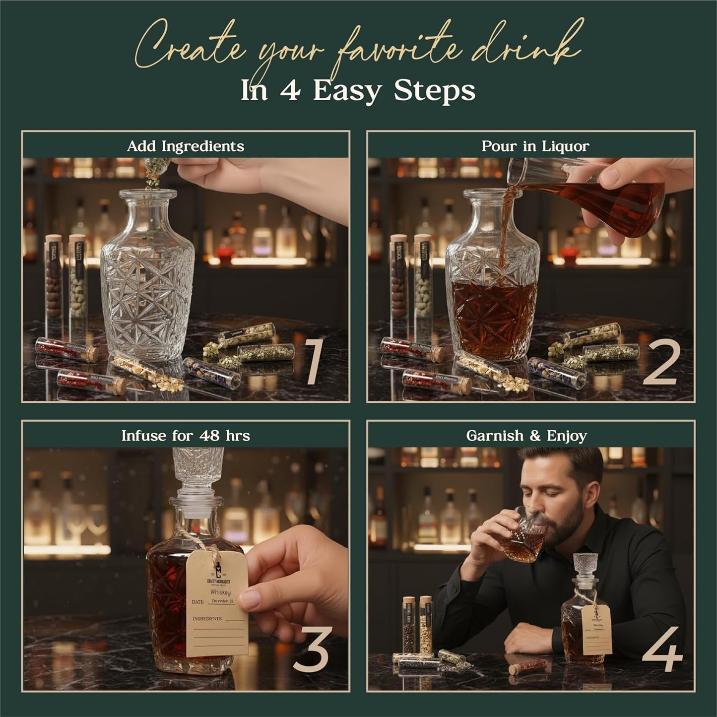 All‑in‑One Cocktail Infusion Kit with Instructions Manual for Whiskey, Tequila, Rum, Gin & Vodka - Gifts for Men – Birthday Gifts for Men - Whiskey Gift for Dad - Home Bar Alcohol Kit - Bar Gift