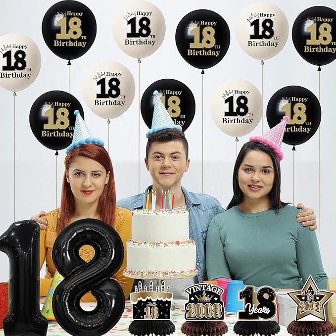 DARUNAXY 18th Birthday Party Decorations for Boys, Vintage Back in 2008 Banner, Black 18 Number Balloons & Cake Topper, Vintage 2008 Sweet 18 Birthday Honeycomb Hanging Swirl Confetti Balloons(30PC)