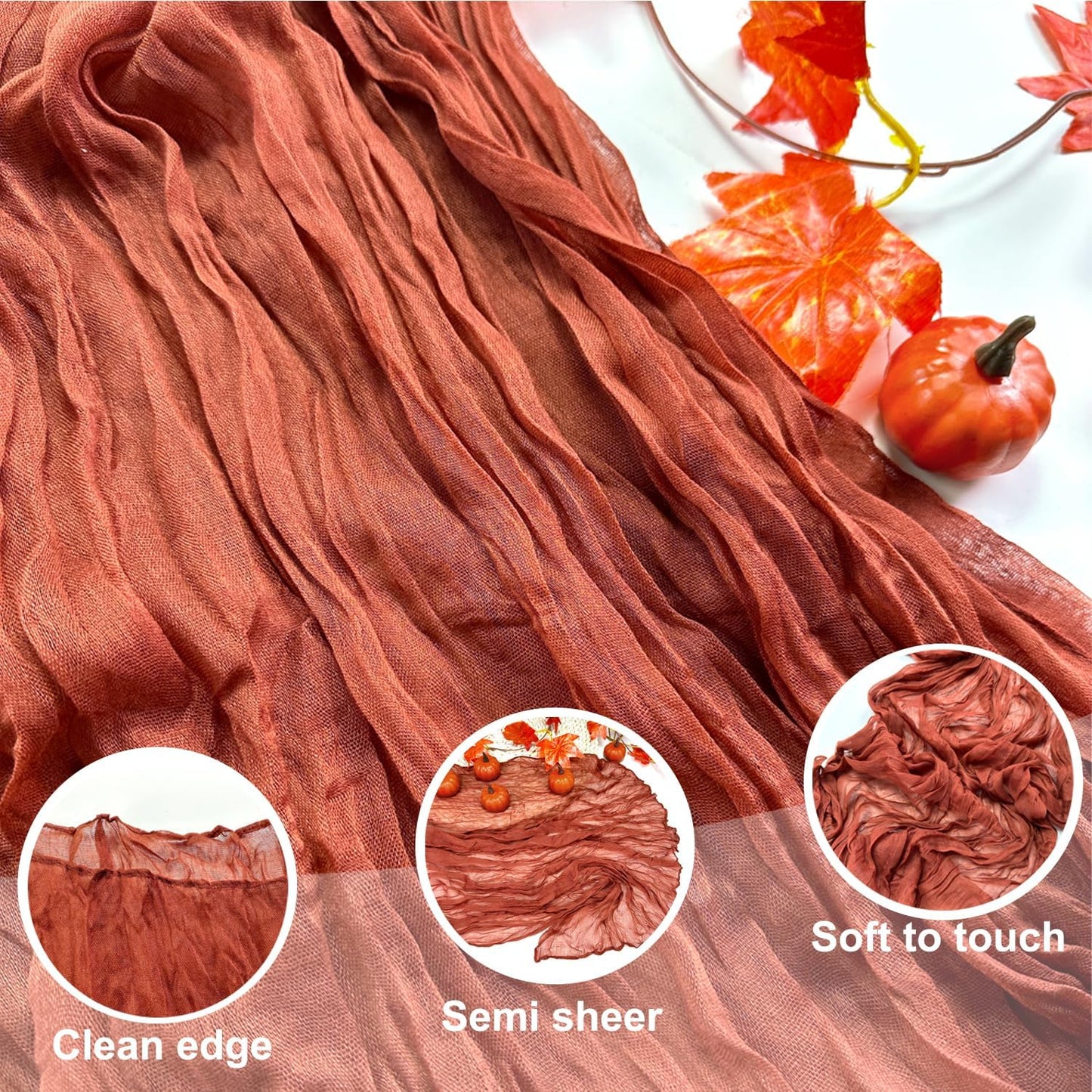 Booque Valley Fall Table Runner Terracotta Cheesecloth 10ft Soft Boho Wrinkled Decorative Gauze Sheer for Autumn Thanksgiving Holiday Party Centerpiece Decoration Table Decor, 35x120 Inch, 1 Pc