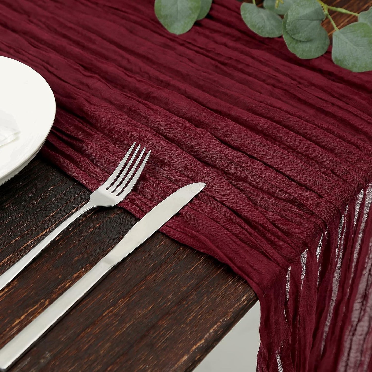 DOLOPL Christmas Table Runner Burgundy Cheesecloth Table Runner 13.3ft Boho Gauze Cheese Cloth Runner Rustic Sheer Runner 160inch Long for Christmas Wedding Bridal Shower Table Decorations