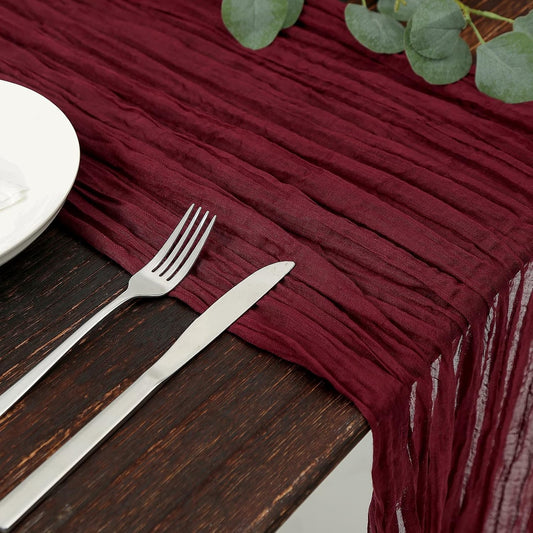 DOLOPL Christmas Table Runner Burgundy Cheesecloth Table Runner 13.3ft Boho Gauze Cheese Cloth Runner Rustic Sheer Runner 160inch Long for Christmas Wedding Bridal Shower Table Decorations