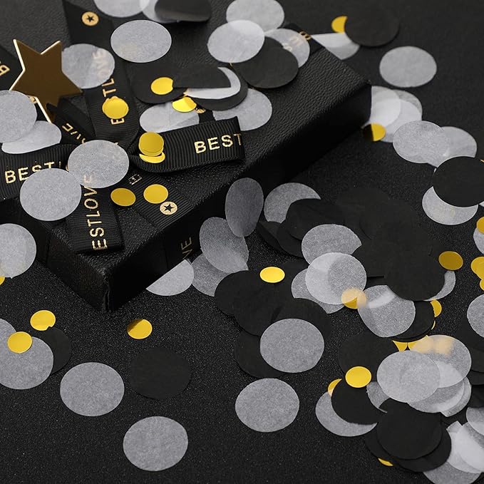 TecUnite Black White Gold Confetti Round Tissue Paper Table Confetti Dots for Wedding Birthday Party Decoration Arts Craft DIY Scrapbooking, 1.76 oz (2.5 cm)