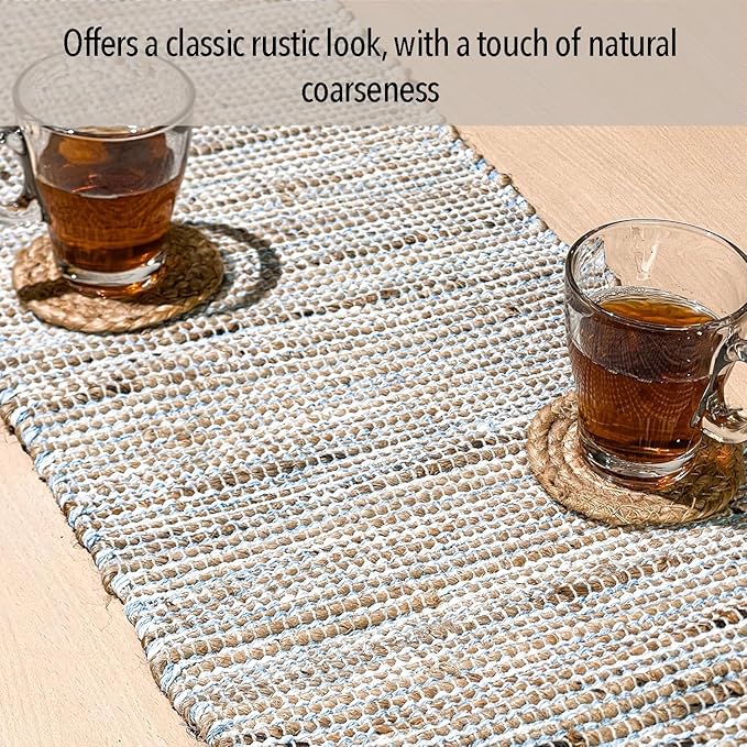 Chardin home Natural Jute Table Runner 13x72 Inch – Vintage Boho Rustic Table Decor – Handwoven Table Runner in Natural Jute and Sky Blue-White – Farmhouse Dining or Console Table Accent