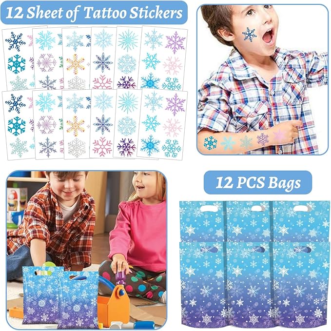 110 PCS Snowflake Party Favors, Snowflake Temporary Tattoos Slap Bracelets Paper Eyeglasses Stickers Keychains Gift Bags Winter Snowflake Birthday Party Decorations Supplies