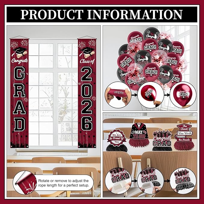 Graduation Decorations Class of 2026 Maroon Graduation Party Decor Set include Congrats Grad Banner Backdrop Class of 2026 Balloons Party Supplies